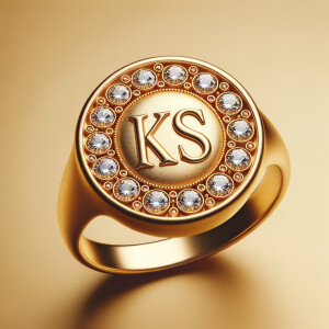 Create a 3-D realistic image of a gold circle and in the middle of the circle is the initials KS and add a couple diamonds to that