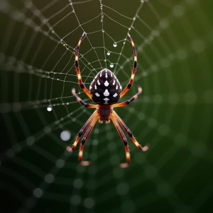 A close-up of a black widow spider poised in the center of its i...