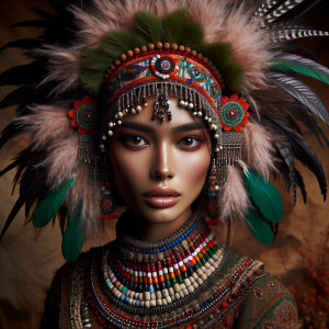 Young woman adorned in a richly decorated headdress, featuring a...