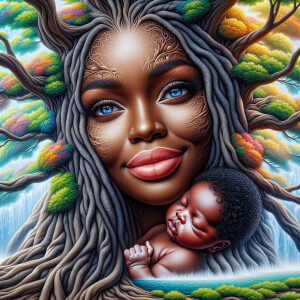 Create a close-up, hyper-realistic 3-D oil painting of a tree wi...