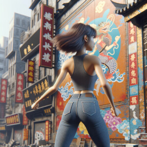 Athletic Thin skinny Attractive, Asian teenage girl, long brown hair and bangs, wearing tight skinny jeans and a halter top paint marks on her clothing, heroic pose Asian graffiti background, backside view