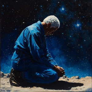 An elderly African American man in blue coveralls kneeling under...