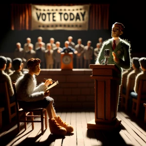 "A stop-motion college journalist—her figure with tiny articulated fingers gripping a miniature notepad—stands in the dimly lit back corner of a university auditorium. She wears textured felt clothing, her expression a delicate balance of suspicion and determination. Across the room, a handsome stop-motion student politician (Ben Avery) stands at a podium, shaking hands with an older, towering senator figure. Their shadows stretch impossibly tall on the wall, while a massive "Vote Today" banner hangs behind them. The wooden floor beneath the journalist creaks—her tiny carved shoe frozen mid-step, caught in the moment of discovery."