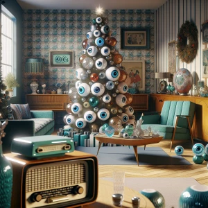 Design a 1950s-era vintage Christmas scene set in a stylish apar...