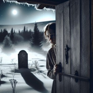 The girl opens the door of the house, looks at the grave in the...