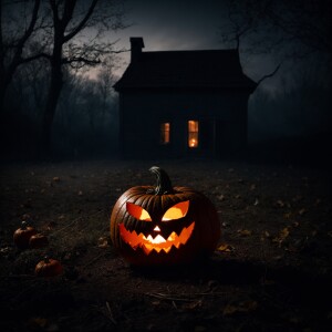 "On the doorstep under the pale moonlight, a lone carved pumpkin...