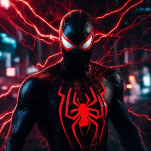 Create an image featuring a Spiderman-Venom hybrid character wit...