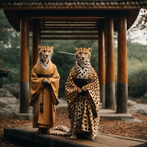The image depicts two young cheetahs standing side by side, dres...