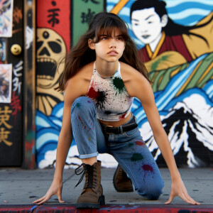 teenage girl, long brown hair and bangs, wearing tight skinny jeans and a halter top paint marks on her clothing, heroic pose Asian graffiti background, nearing on one knee