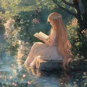 Create an image of an anime-style girl influenced by Pre-Raphael...