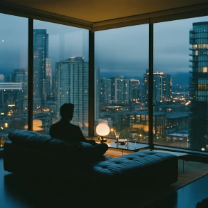 A cinematic, moody evening scene in a modern high-rise apartment...