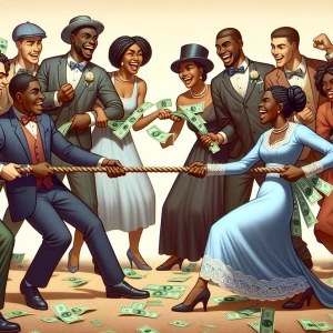 African-American male engaging in a playful tug-of-war pulling a...