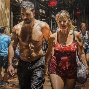 painting realistic.A sweaty  man walking with his 54 year old mo...