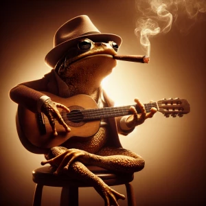 An anthropomorphic toad character donned in a stylish fedora hat, perched atop a round stool, puffing on a lit cigar, while expertly playing tunes on an acoustic guitar.