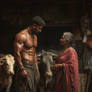 Hyperrealism digital painting ,a indian villager muscular beefy...