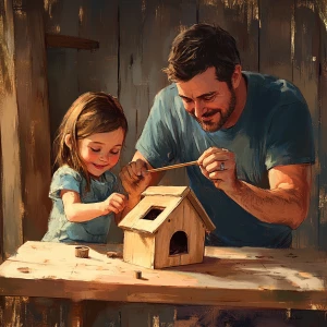 Give a me hot dad helping their child build a birdhouse that is...
