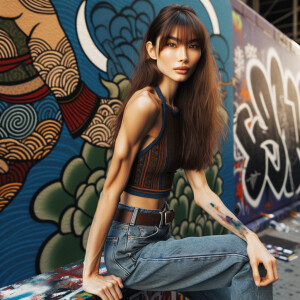 Very thin Athletic Thin skinny Attractive, Asian teenage girl, long brown hair and bangs, wearing tight skinny jeans and a halter top paint marks on her clothing, sitting side view heroic pose Asian graffiti