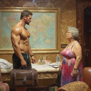 realism photo painting, a muscular Russian man in his beach hote...