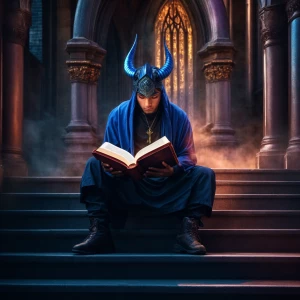 A digital airbrushed illustration of a beautiful Demon , sitting...