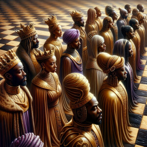 3-D realistic oil, painting, Oh a gold, and purple human chessbo...