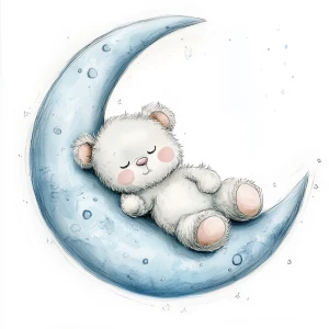 A cute, cartoon teddybear lies on a stylized, soft blue grey crescent moon. The moon shows the crater holes and relief in the surface. The teddy bear is light gray with large, round, pink-spotted ears.  Its body is round and he has expressive eyes.  its facial expression is happy and friendly. The teddy bears leg and foot are visible, and its posture is relaxed, lying down in the curve of the moon. it's stomach is lying down on the moon with left arm and leg showing hanging down. The moon is a soft, shaded blue, with watercolor-like texture and subtle shading. The background is white. The image is in a child-friendly style, showcasing delicate line work and color palettes. The composition is centered on the teddy bear which is positioned lying slumped face down on  the moon, giving the moon a hug with closed eyes. The overall style is sweet, whimsical, and reminiscent of children's book illustrations.  The colors are pastel and soothing, creating a gentle atmosphere.