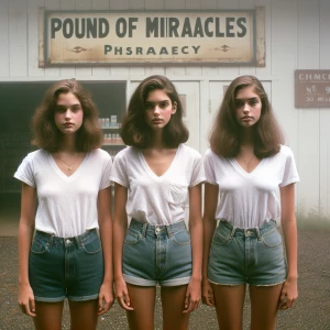 Create a color film photograph from 1962 of three beautiful, ext...