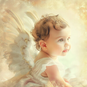 Illustrate a sweet baby with delicate Angel wings, radiating inn...