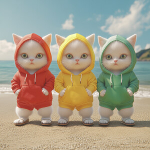 Three small antrophomorpic cream kittens 3d wearing red, yellow...