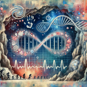 lie detector graphs, cardio, printout , branches infinity sign, cave, Art, handprints, distant birds flying, flowering vines, abstract gestural painting, dna cave drawings galaxies electrical cardiogram