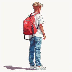 Blonde boy of 13 years old. Wearing white Nike sneakers, blue je...