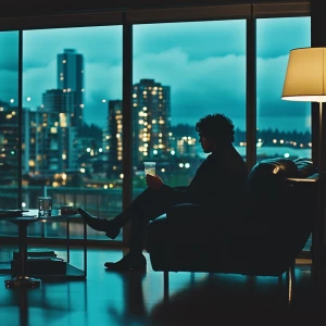 A cinematic, moody evening scene in a modern high-rise apartment...