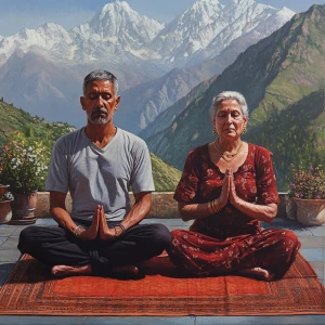 Realistic art 1:1,A muscular man and his 50-year-old Kashmiri mo...