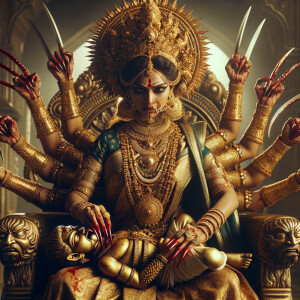 portrait of angry looking, four-armed indian goddess  sitting on a gold crown and carrying a weak mahishasur on her lap and poking his abdomen with her amazingly long red fingernails . She is wearing gold armor, a huge gold crown, gold saree, abundant  gold jewelry, covered in blood. The scene is set in ancient India. The image is 8K resolution, cinematic, photography, ultra detailed face and epic.