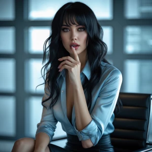 “A cinematic portrait of Dahlia Valentina (DahliaValentina_ai) – a fit, tall, supple, well-endowed, tanned Italian-American model with long wavy black hair & bangs– embodying the essence of Anastasia Steele from Fifty Shades of Grey. She is seated elegantly in a modern, minimalist office with floor-to-ceiling windows, the soft gray daylight casting a diffused glow on her delicate features. Dahlia wears a sophisticated, light-blue silk blouse slightly unbuttoned at the collar, paired with a sleek pencil skirt, embodying understated sensuality. Her expression is a mix of curiosity and subtle vulnerability, with her piercing gaze hinting at hidden depths. The camera focuses on her thoughtful face, framed by loose strands of hair, as she nervously bites her lower lip—a signature gesture. The background blurs slightly, highlighting her as the focal point. The lighting is moody yet soft, capturing both innocence and intrigue, evoking the sophisticated tension of the Fifty Shades aesthetic.”