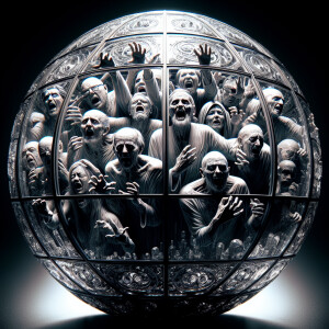 A giant crystal ball, with intricate designs, showing terrified...