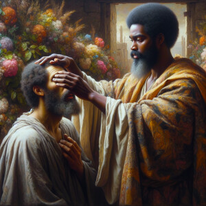 An oil painting depicting a biblical scene where Jesus, a Africa...