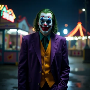 Create an image of the Joker in his iconic purple suit, with a c...