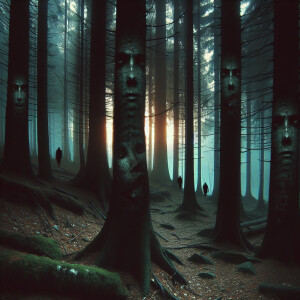 "Draw a serene forest scene at twilight, but with a twist: the t...