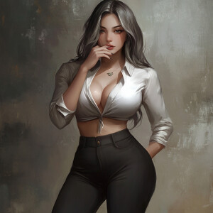 Craft an image of a sophisticated, curvy woman with sculpted, to...