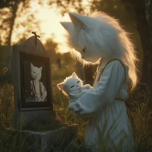 An ultra realistic, cinematic 8K scene in a peaceful cemetery du...