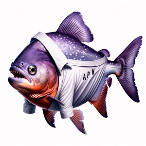 Purple piranha wearing a shirt that says AW