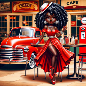 Airbrush style: Standing next to a 1950 Red Chevy truck silver r...