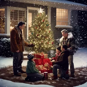 “An outdoor Christmas scene in a snow-covered front yard, with t...