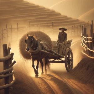 A farmer leading a horse-drawn cart along a winding dirt road, s...