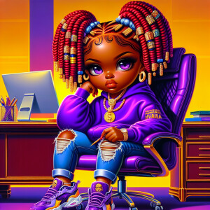 A glossy oil painting of an African American Chibi woman tan ski...