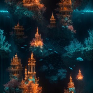 a bioluminescent shadowy underwater city, the silhouette of a to...