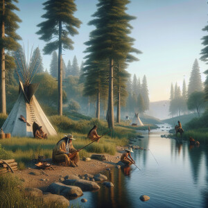 Visuals of a serene natural landscape with traditional Native Am...
