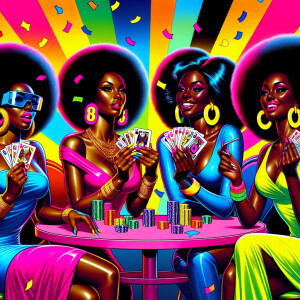 Four African American pin-up girls dressed in vibrant, neon-colo...