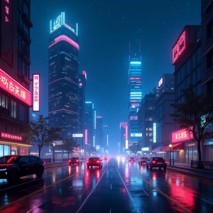Visualize a futuristic neon-lit cityscape at night, featuring to...