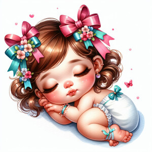 A single picture of adorable cute whimsical baby girl with ribbo...